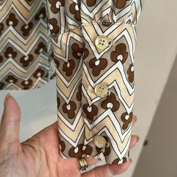 Vtg  60s/70s Country Set Brown, White & Tan Zig Zag Pattern Long Sleeve Blouse - Picture 7 of 9